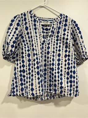 Tommy Bahama Blue and White Ikat Print V-Neck Blouse